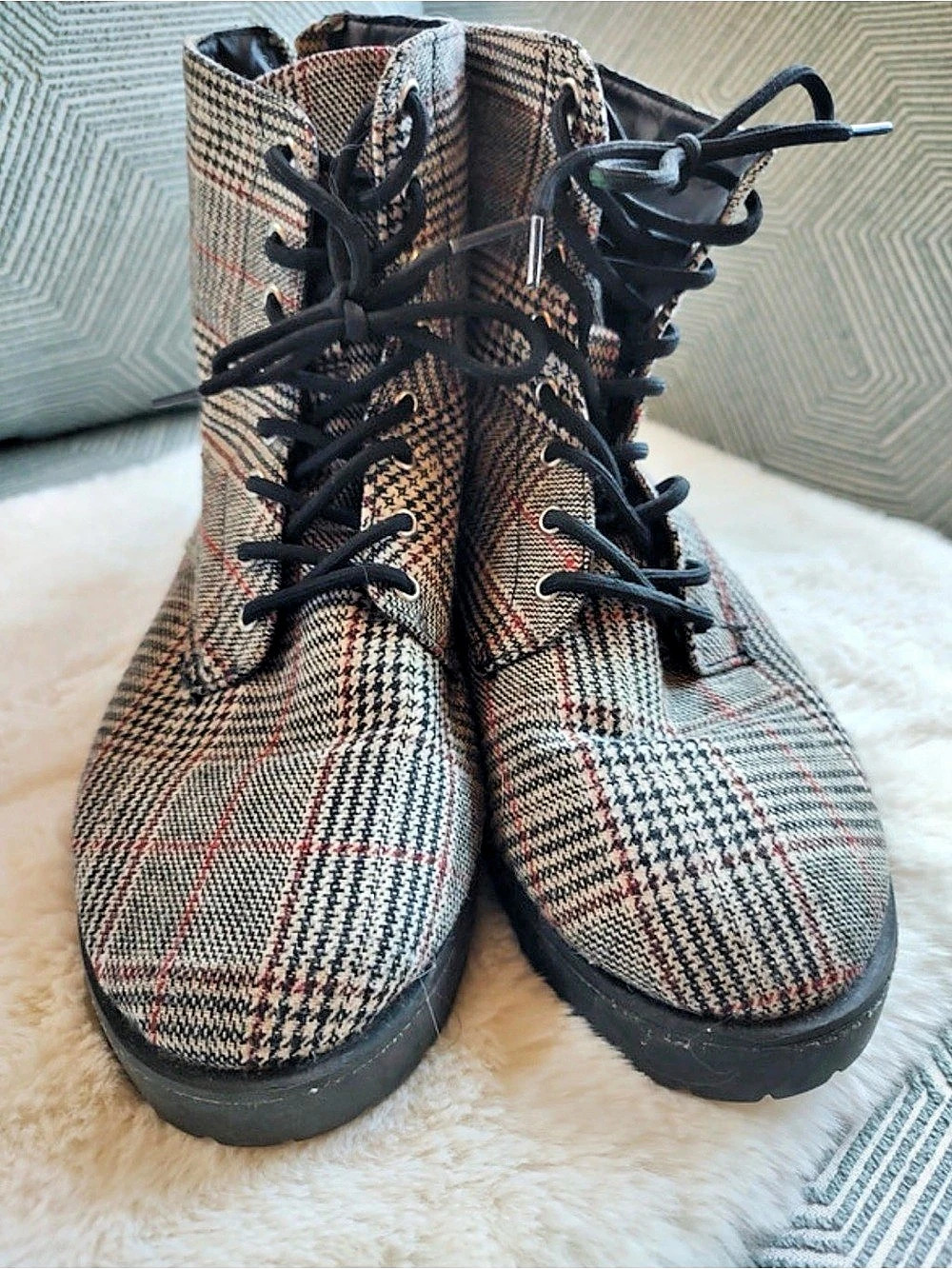 Plaid Combat Boots in Brown & Black